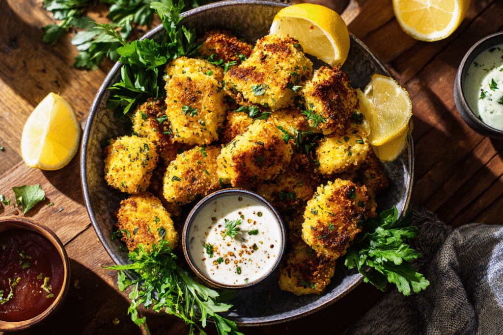 Crispy Ranch Air Fryer Nuggets served with ranch dip