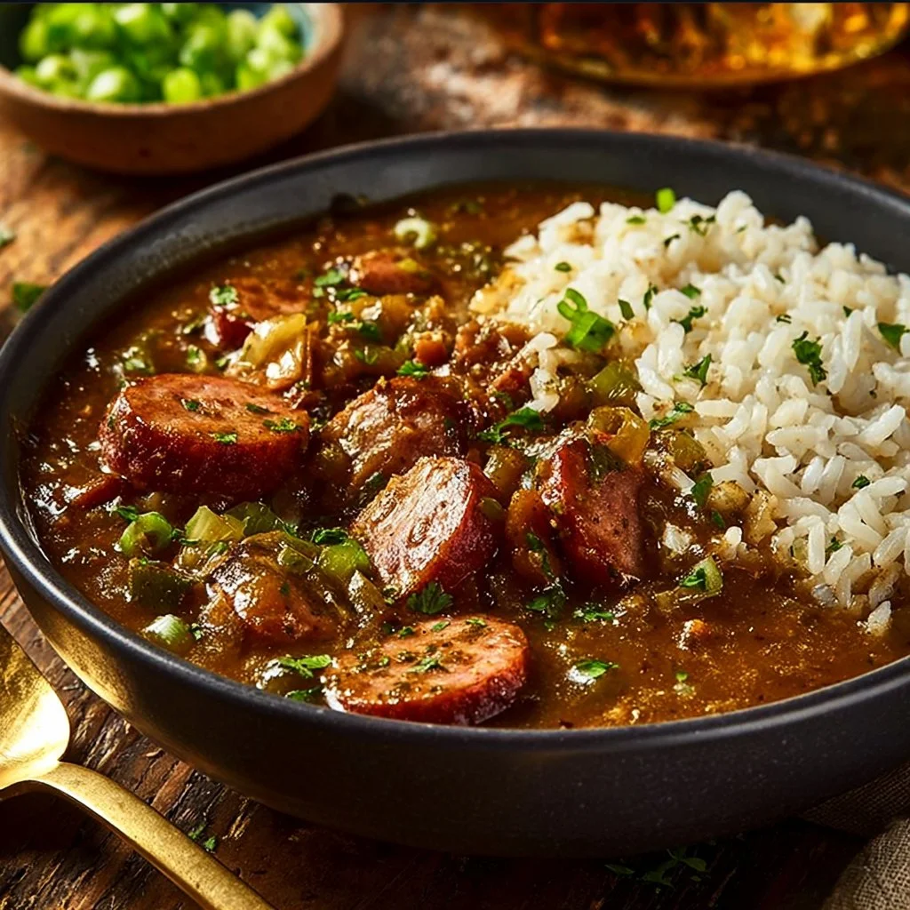 Bowl of authentic Cajun sausage and chicken gumbo recipe