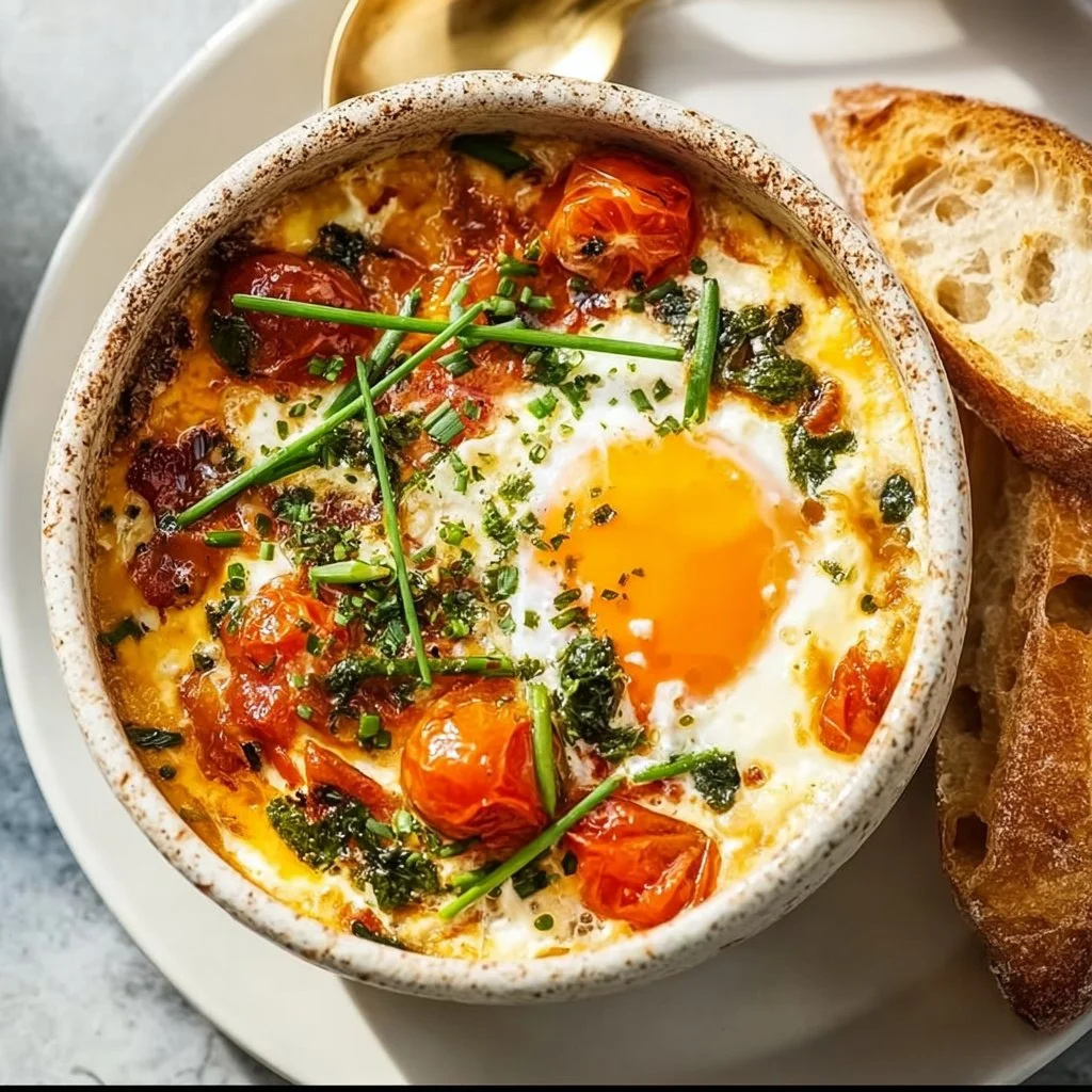 Baked Feta Eggs with Tomatoes and Spinach