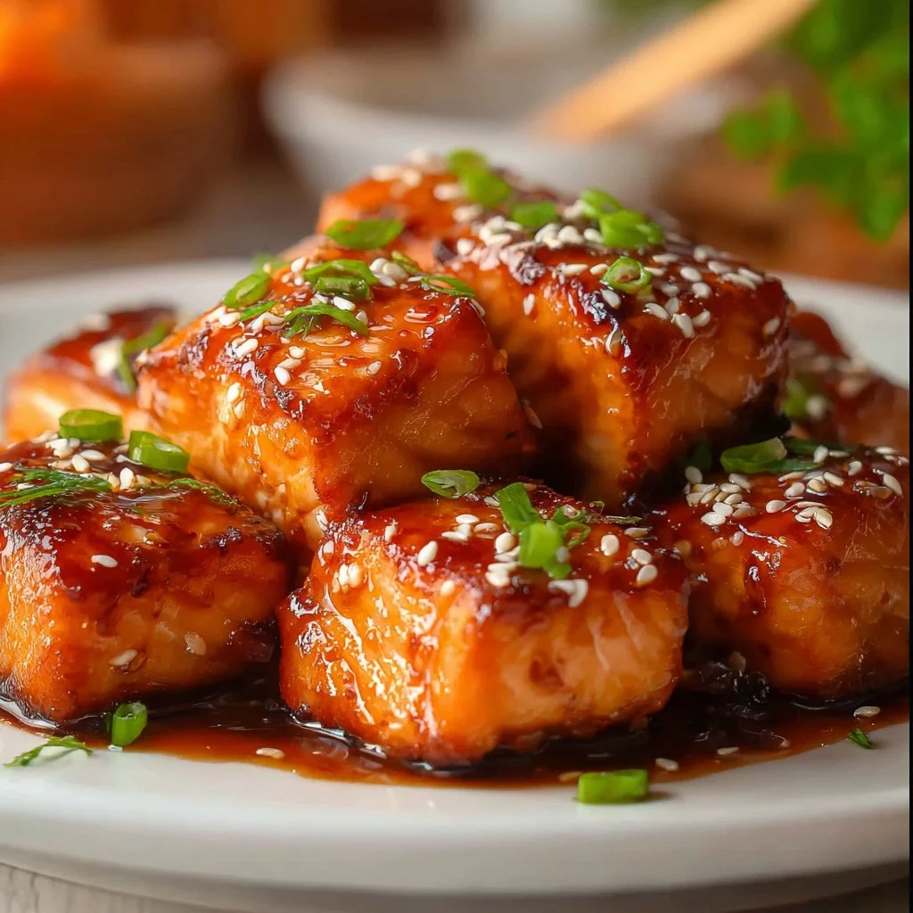 Crispy Bang Bang Salmon Bites served with a spicy sauce