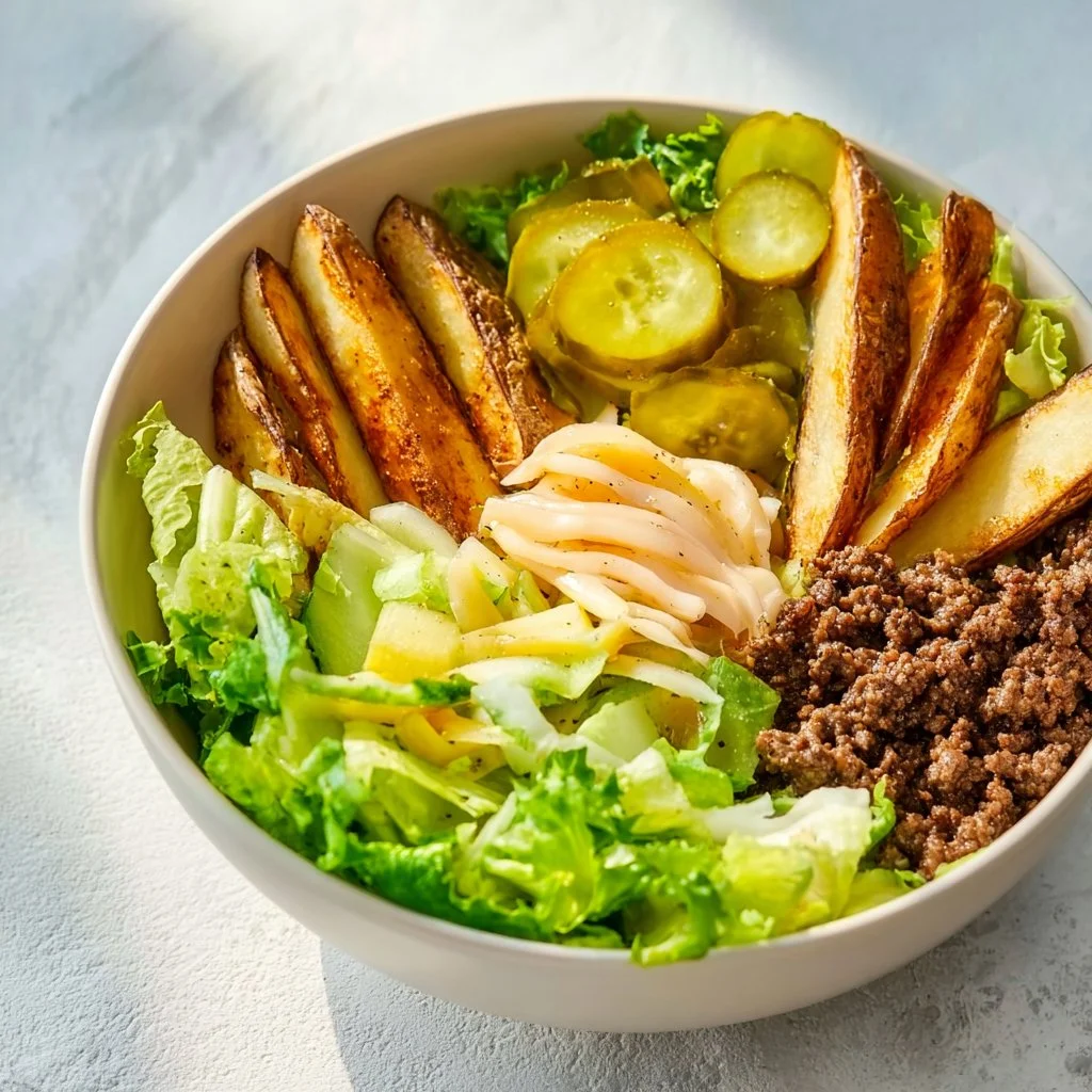 Delicious burger bowl topped with fresh ingredients and savory flavors.