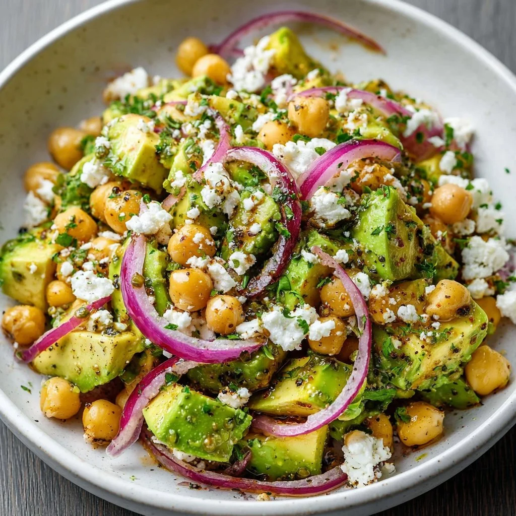 Chickpea Feta Avocado Salad with fresh ingredients in a bowl
