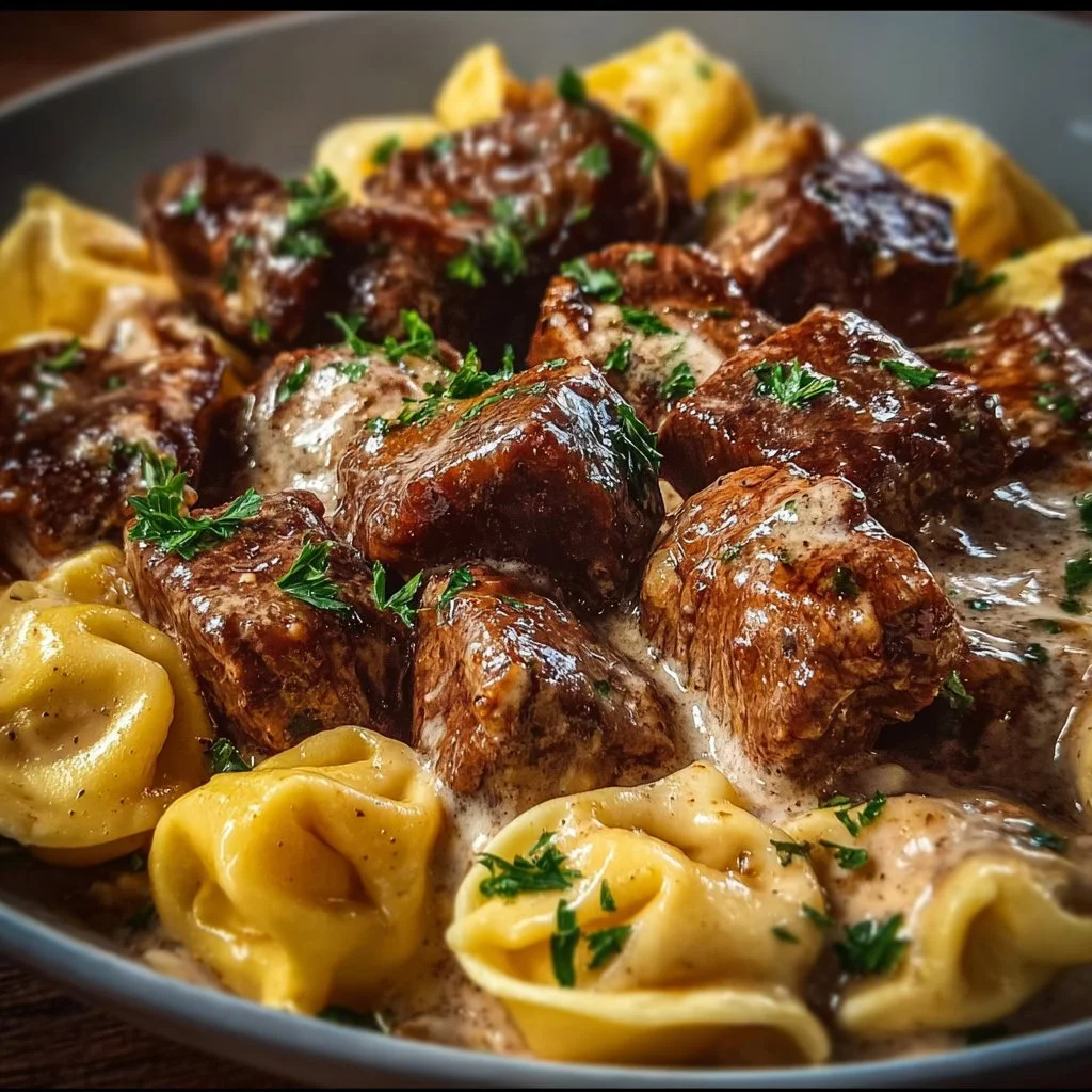 Cracked Garlic Steak Tortellini in Creamhouse Sauce served in a bowl
