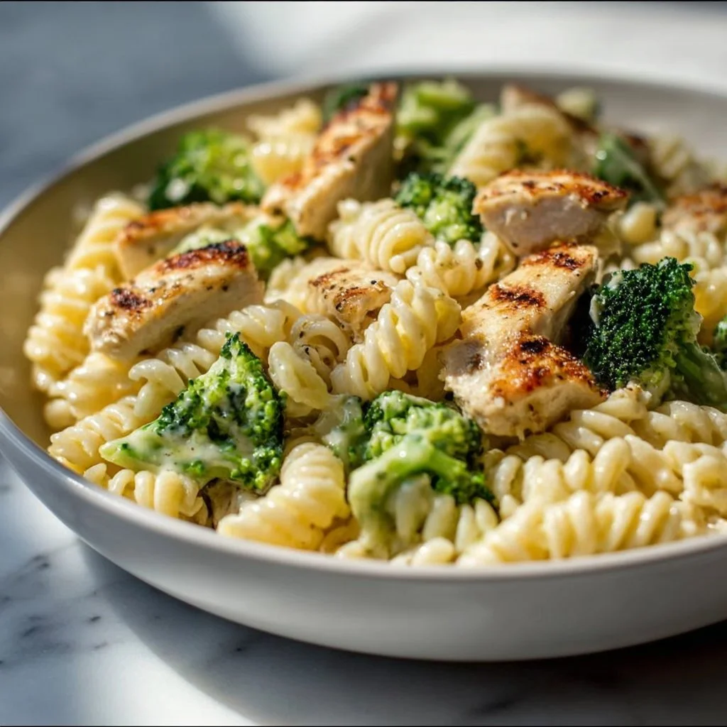 Creamy rotisserie chicken broccoli pasta in a bowl, garnished with herbs