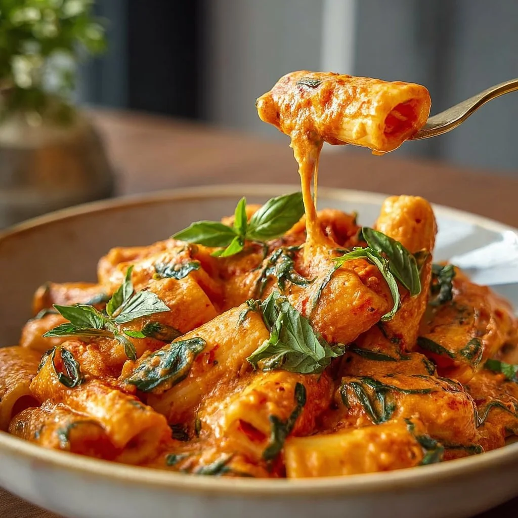 Creamy tomato garlic pasta garnished with fresh herbs and parmesan cheese