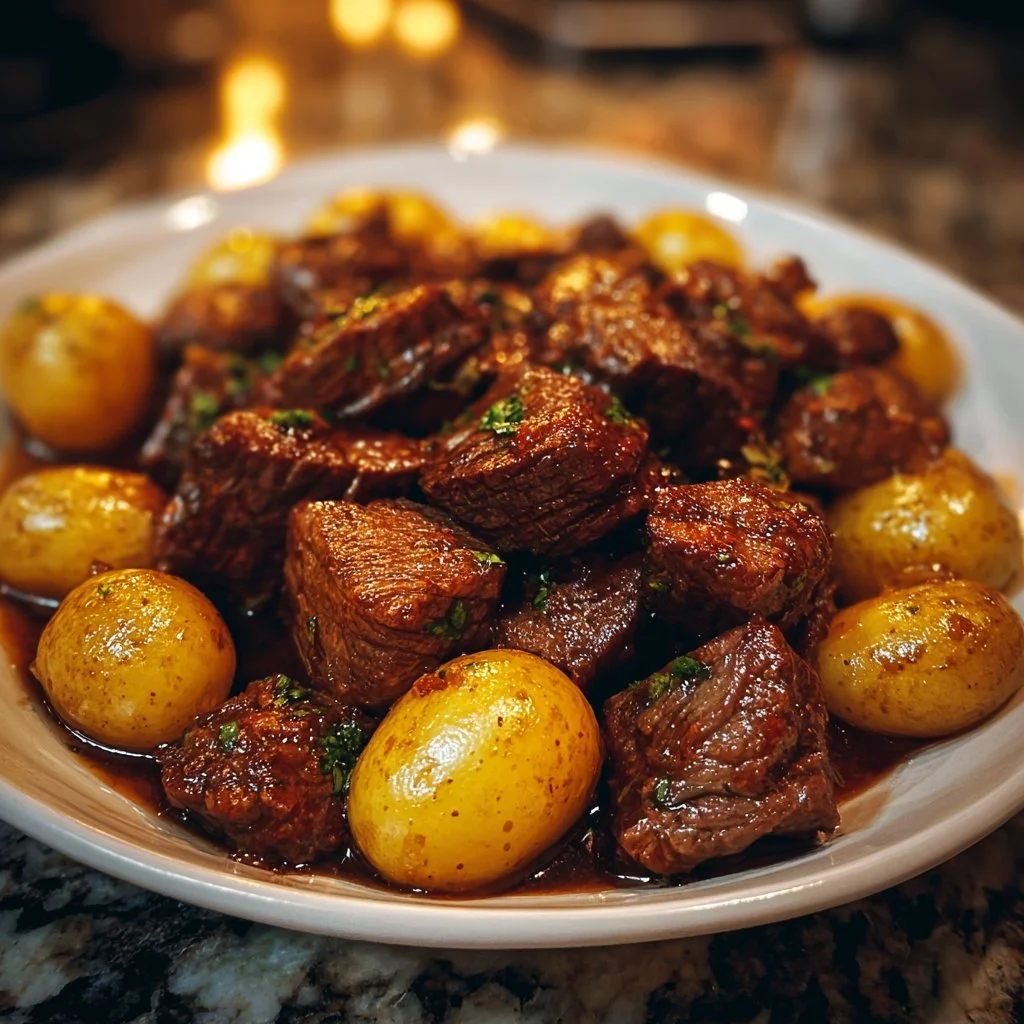 Crockpot Garlic Butter Beef Bites with Potatoes
