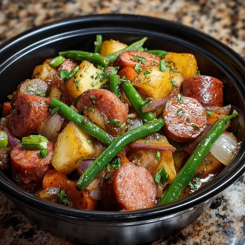 Delicious Crockpot Kielbasa with green beans served in a bowl