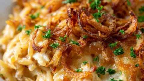 French Onion Chicken Orzo Casserole