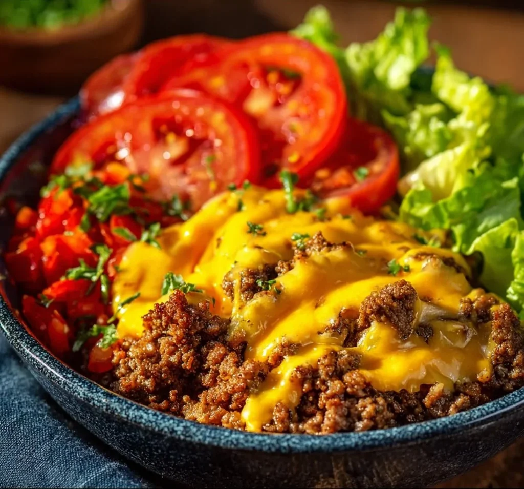 High-protein cheeseburger bowls with ground beef and burger sauce