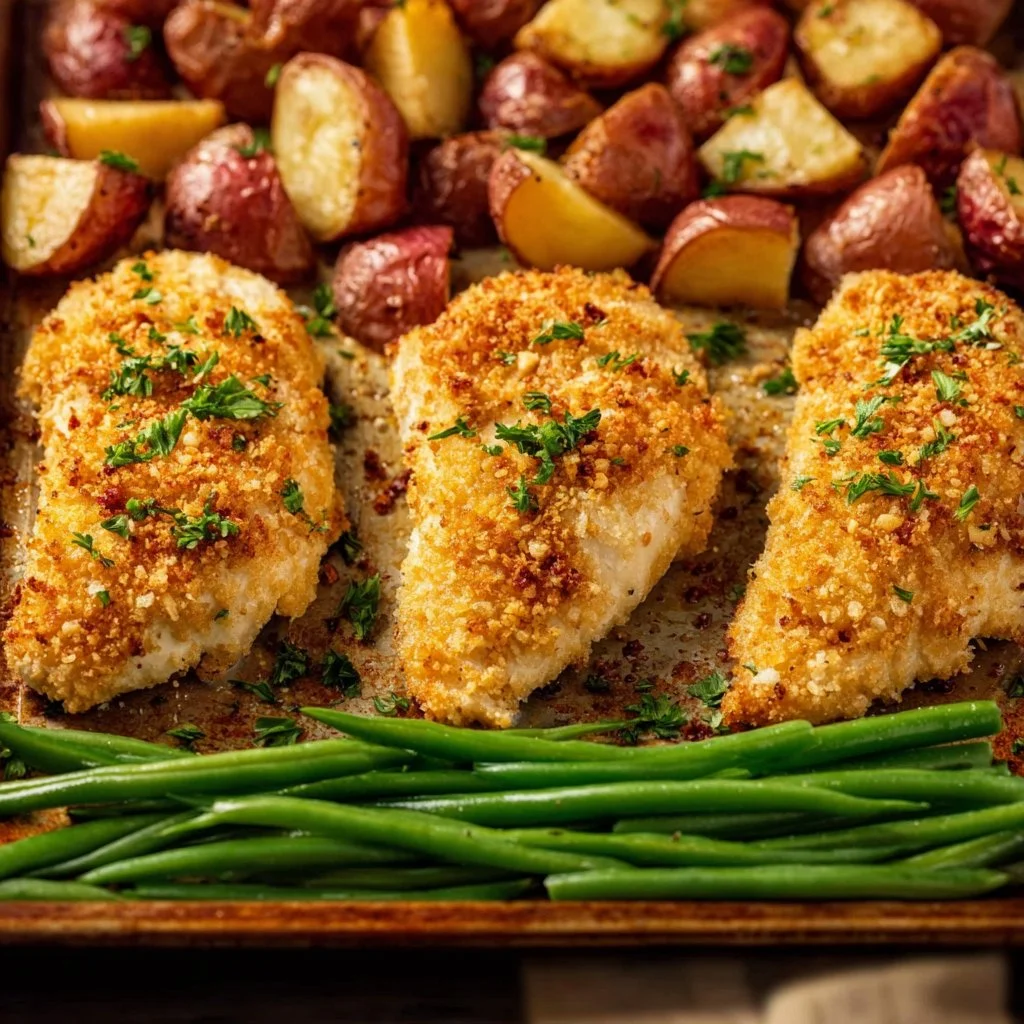 Parmesan Crusted Chicken Sheet Pan Dinner with vegetables