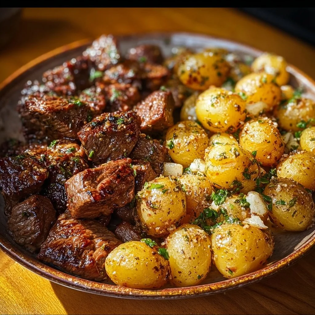 Slow Cooker Garlic Butter Steak Bites with Potatoes in a rustic bowl.