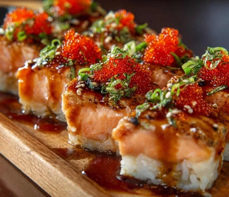 Delicious Spicy Salmon Sushi Bake recipe topped with creamy sauce and green onions
