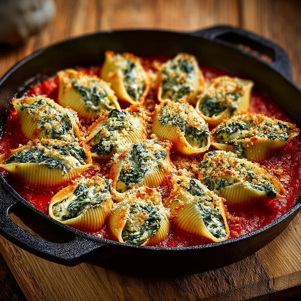Plate of creamy spinach and ricotta stuffed shells topped with marinara sauce.