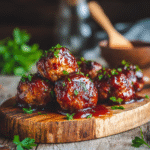 Air Fryer BBQ Meatballs on platter with BBQ glaze