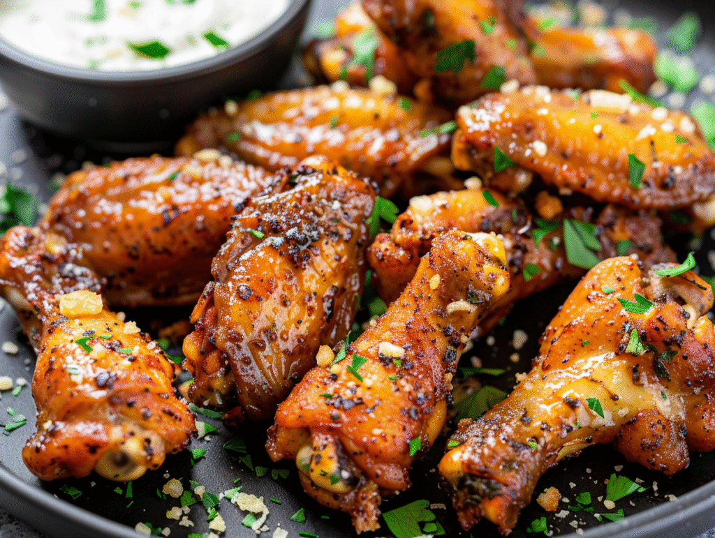 Close-up of golden air fryer garlic parmesan wings with parmesan and parsley on a black plate.