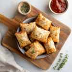 Styled recipe card layout featuring air fryer pizza rolls on a light kitchen surface, showcasing crispy golden rolls and melted cheese inside, minimal modern background.