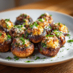 Golden Air Fryer Stuffed Mushrooms on a White Plate