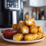 plated air fryer mozzarella sticks beside air fryer in bright daylight