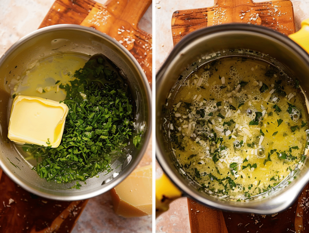 Garlic butter sauce in two steps — before and after melting, with butter, parsley, and minced garlic in a saucepan.