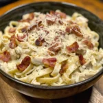 Slow cooker Bacon Chicken Alfredo dish with creamy sauce and bacon