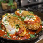Baked Chicken Parmesan with marinara sauce and melted cheese on a plate