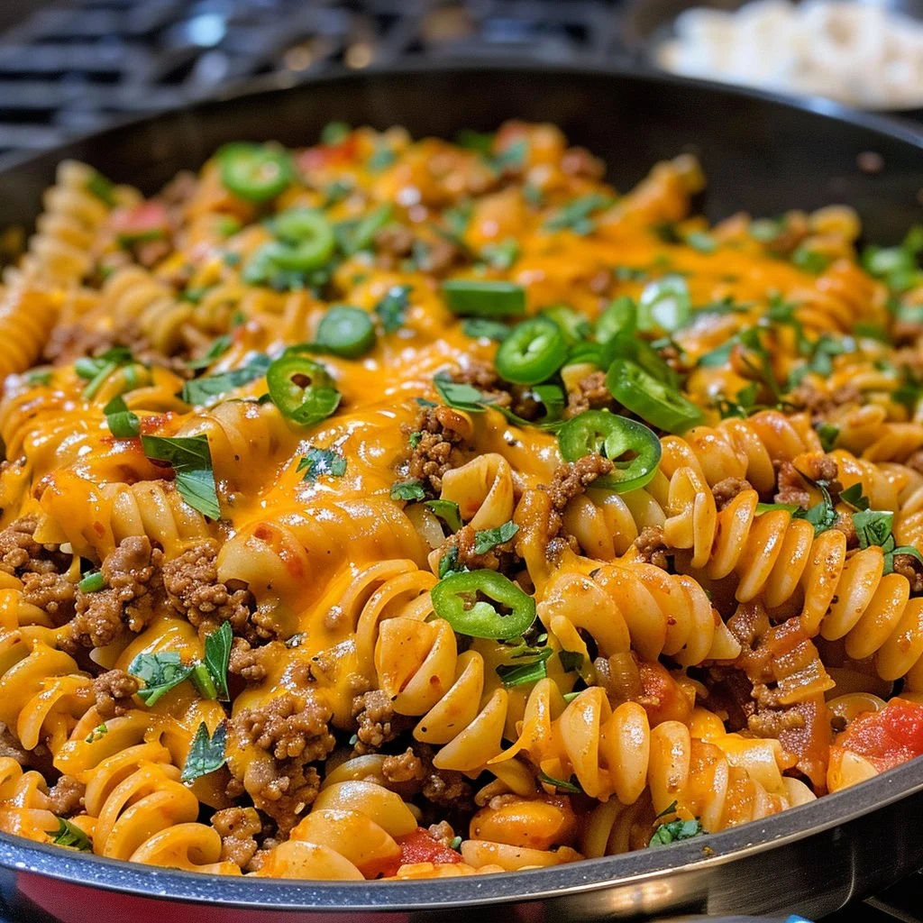 Cheesy taco pasta dish topped with cheese and fresh ingredients.