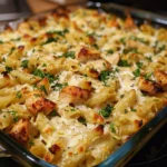 Delicious Chicken Alfredo Bake topped with melted cheese and herbs