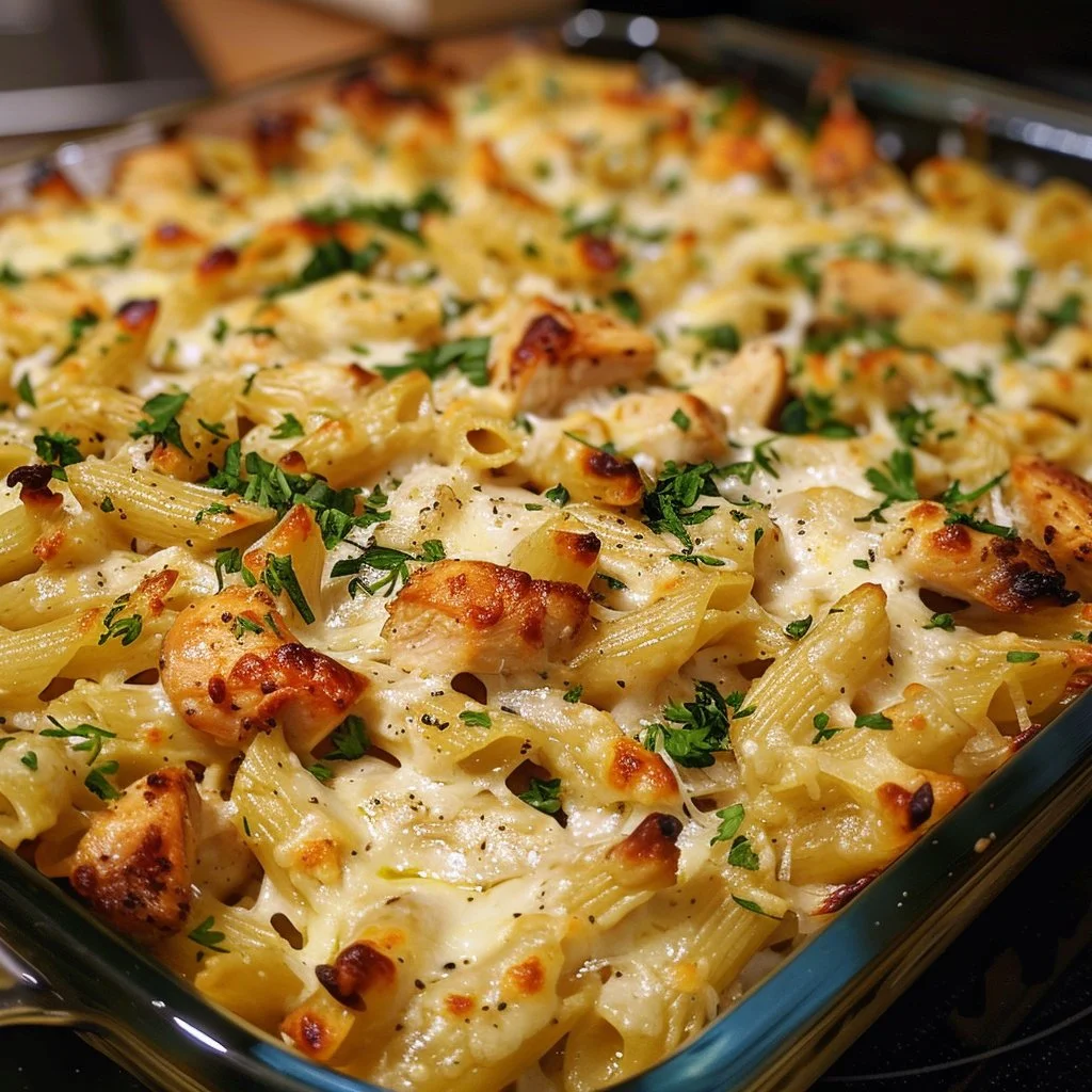 Delicious Chicken Alfredo Bake topped with melted cheese and herbs