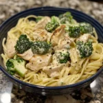 Delicious Chicken Broccoli Alfredo served with garlic bread
