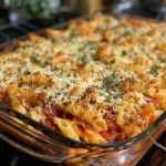 Delicious Chicken Parmesan Casserole topped with melted cheese and herbs