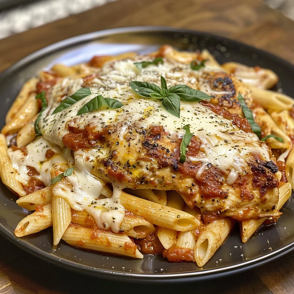 Delicious Chicken Parmesan Pasta topped with fresh basil and melted cheese