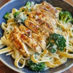 Creamy chicken alfredo pasta with broccoli served in a bowl