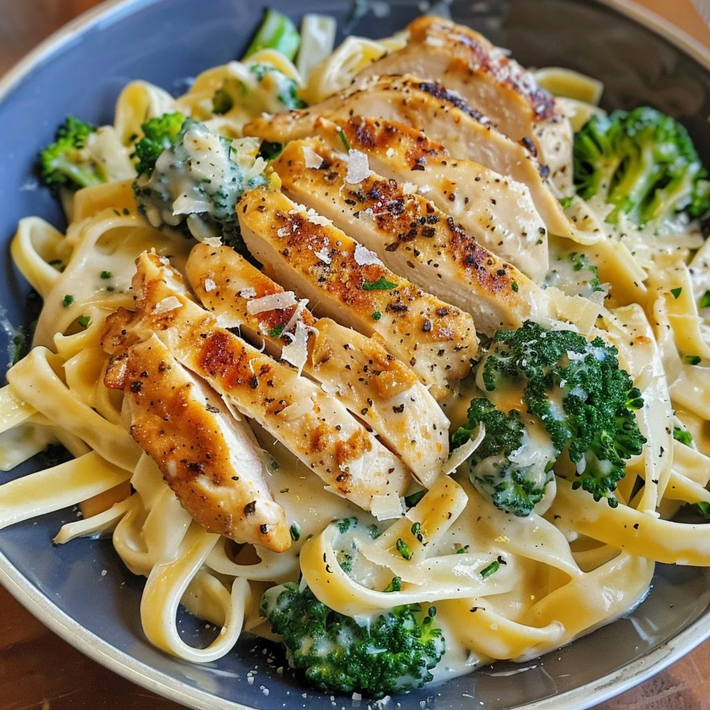 Creamy chicken alfredo pasta with broccoli served in a bowl
