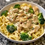 Creamy chicken alfredo with broccoli served in a bowl