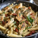 Creamy chicken pasta served in a bowl garnished with herbs