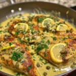 Creamy Chicken Piccata served with pasta and fresh herbs