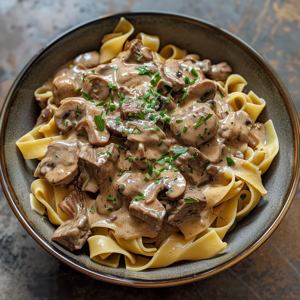 Creamy Dijon beef stroganoff served with mushrooms and pasta in a bowl