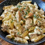 Creamy garlic parmesan chicken alfredo served with fettuccine pasta