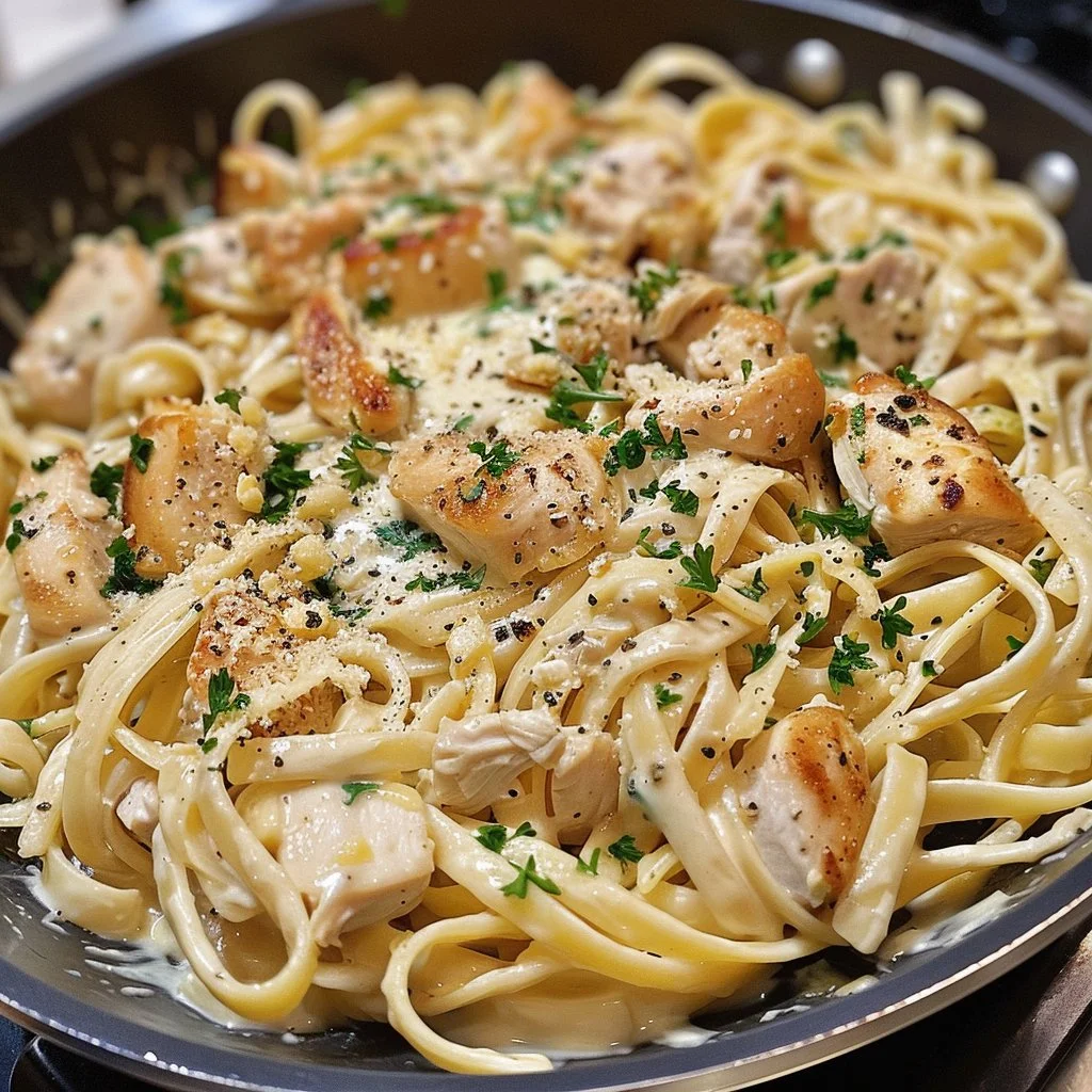 Creamy Garlic-Parmesan Chicken Alfredo served with pasta in a bowl