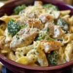 Delicious crockpot chicken alfredo served with pasta and garnished with parsley.
