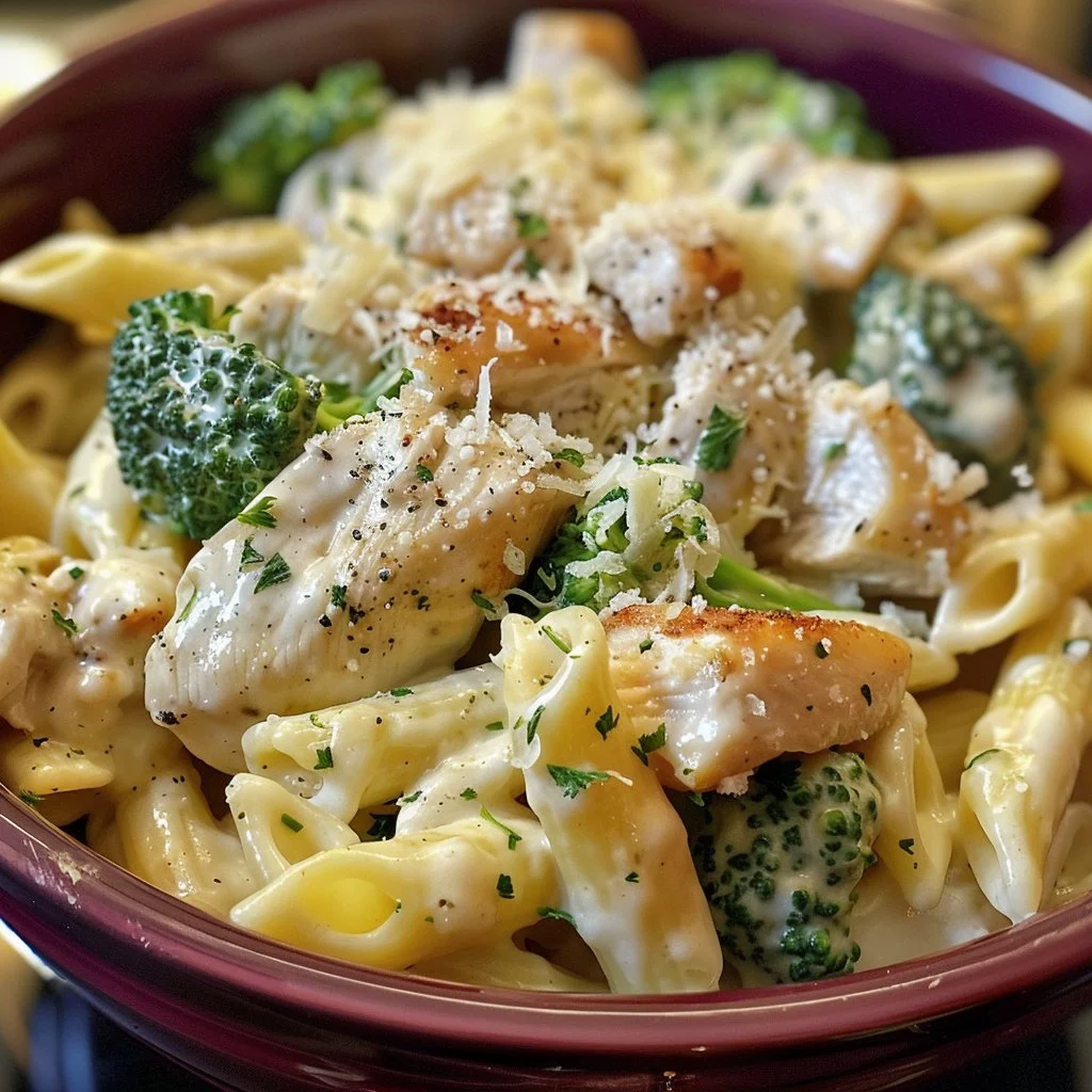 Delicious crockpot chicken alfredo served with pasta and garnished with parsley.