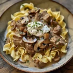 Delicious easy beef stroganoff with mushrooms and sour cream served in a bowl