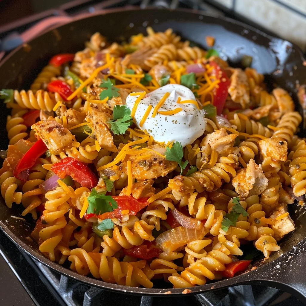 A bowl of easy chicken taco pasta topped with cheese and cilantro.