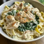 Creamy chicken spinach alfredo pasta served in a bowl, ready to enjoy.
