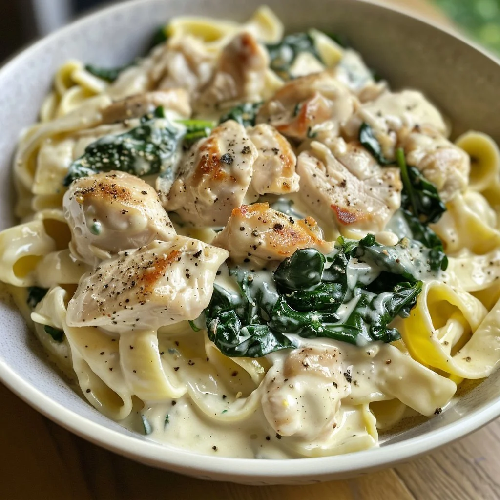 Creamy chicken spinach alfredo pasta served in a bowl, ready to enjoy.