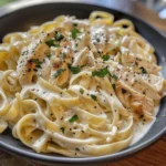 Delicious Fettuccine Alfredo with chicken served on a plate