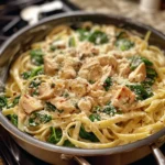 Healthy one-pot spinach chicken alfredo on a plate.