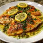 Lemon Chicken Piccata served on a plate with fresh herbs and lemon slices.