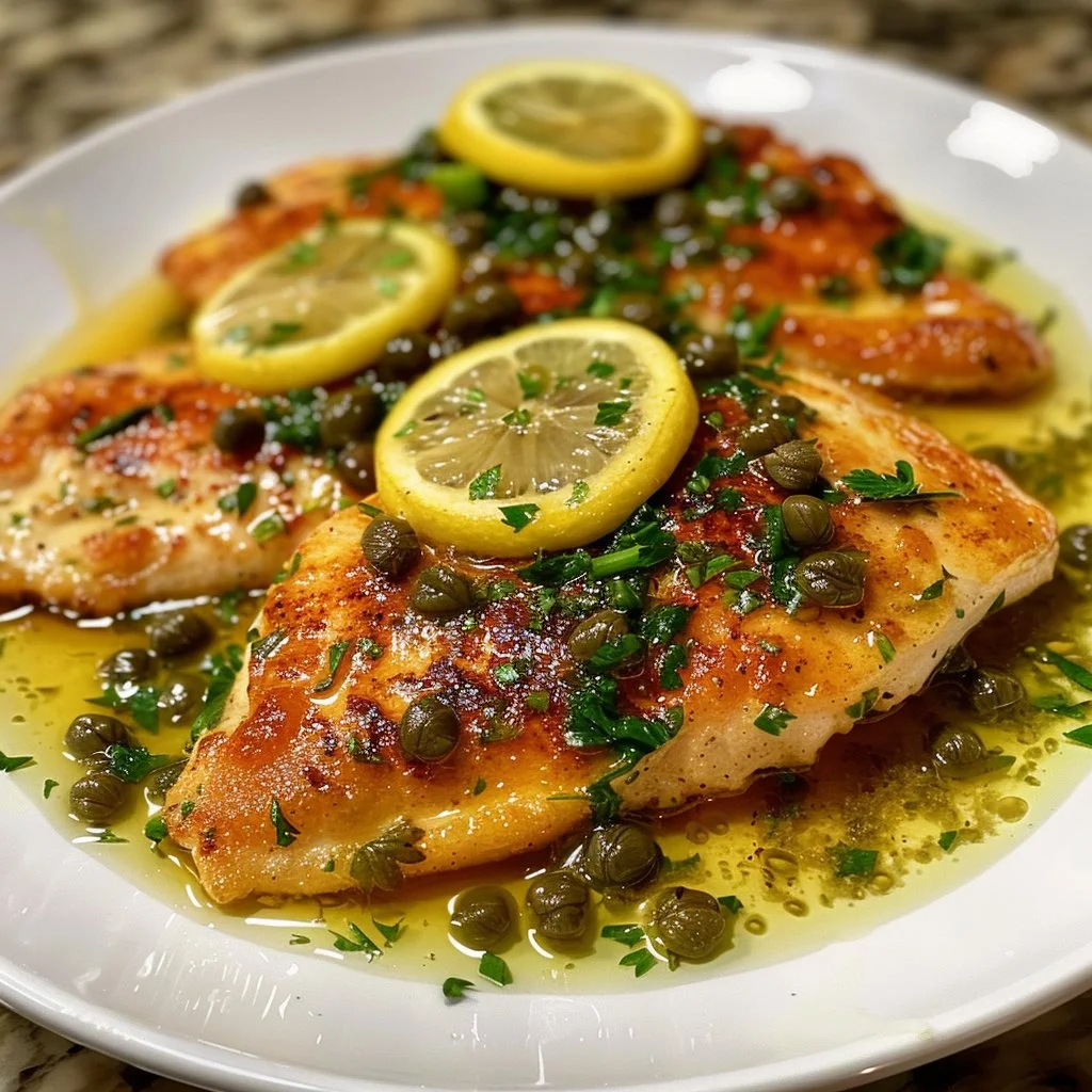 Lemon Chicken Piccata served on a plate with fresh herbs and lemon slices.