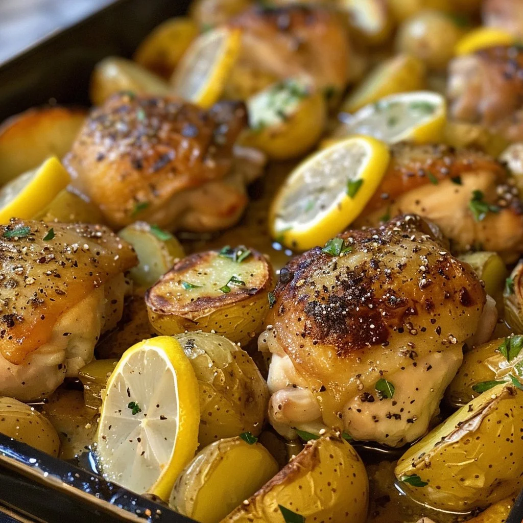 Plate of Lemon Garlic Chicken with roasted potatoes, garnished with herbs.